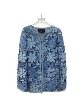 Chanel Blue Camellia Lace Embroidered Cotton Jacket